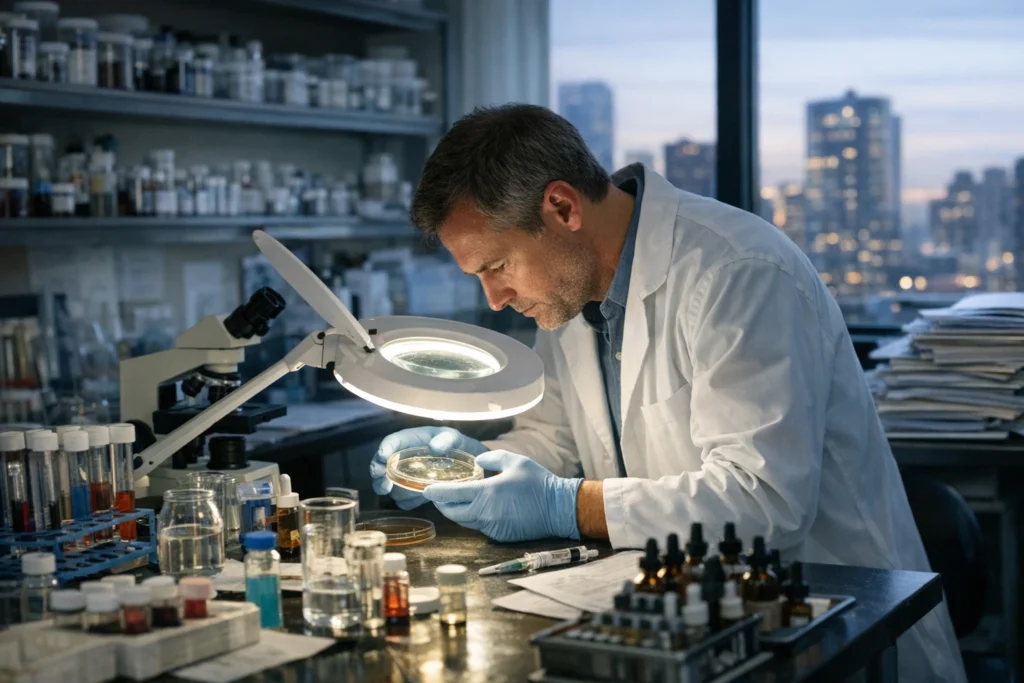 Editorial image for BPC-157 peptide evidence article showing research gap between animal and human studies