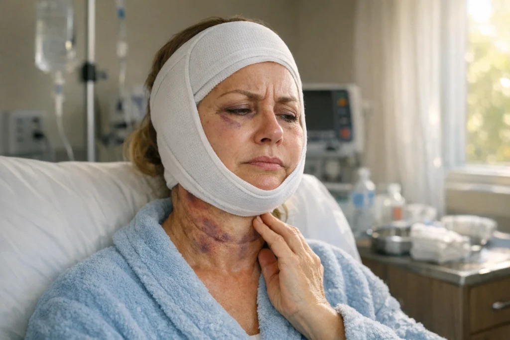 Editorial dark background image for facelift neck lift recovery article with gold accent