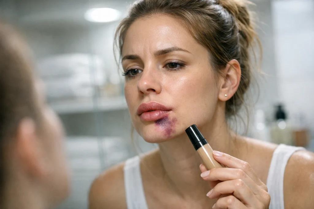 Editorial image for lip filler bruising guide showing color timeline and recovery stages