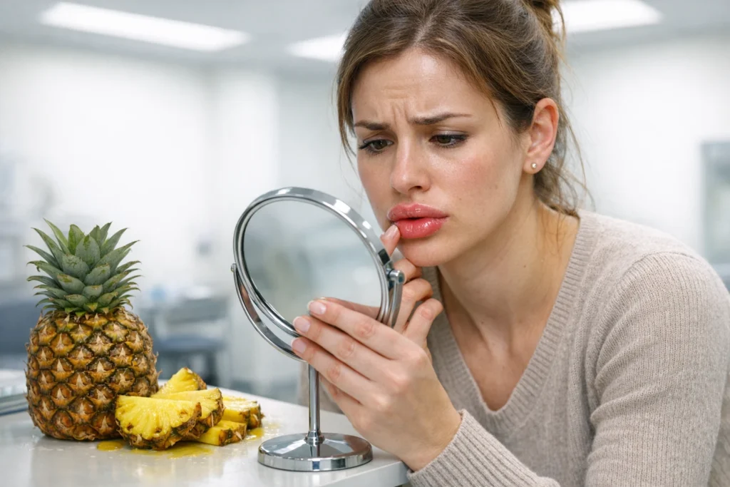 Dark editorial banner for pineapple for lip filler swelling myth-busting article