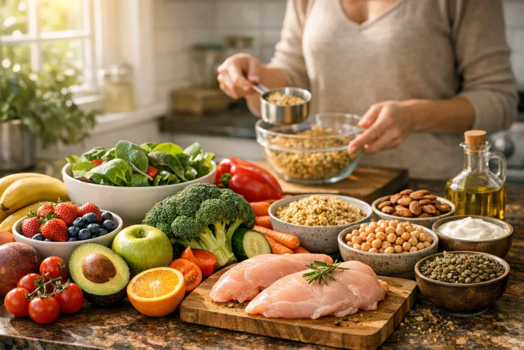 Editorial illustration for pre-surgery nutrition guide showing food-based healing concept on a dark background