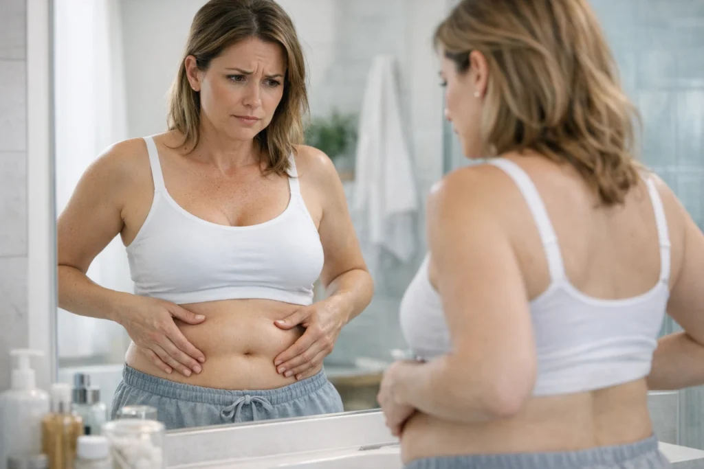 Editorial dark background image for unhappy with lipo results article with gold accents