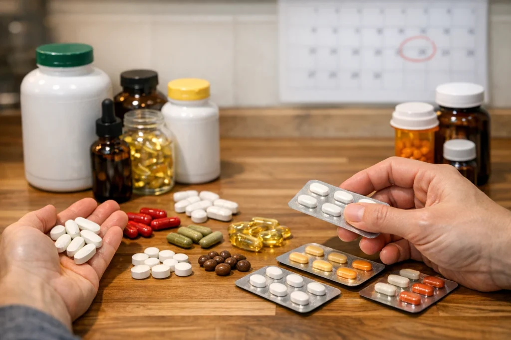 Editorial illustration showing what to stop taking before liposuction, with medications and supplements on a dark background