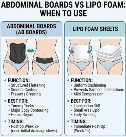 Comparison guide showing Abdominal Boards vs Lipo Foam Sheets: AB boards for structured flattening used from post-op week 2+, Lipo foam for uniform cushioning used from week 1 immediately post-op