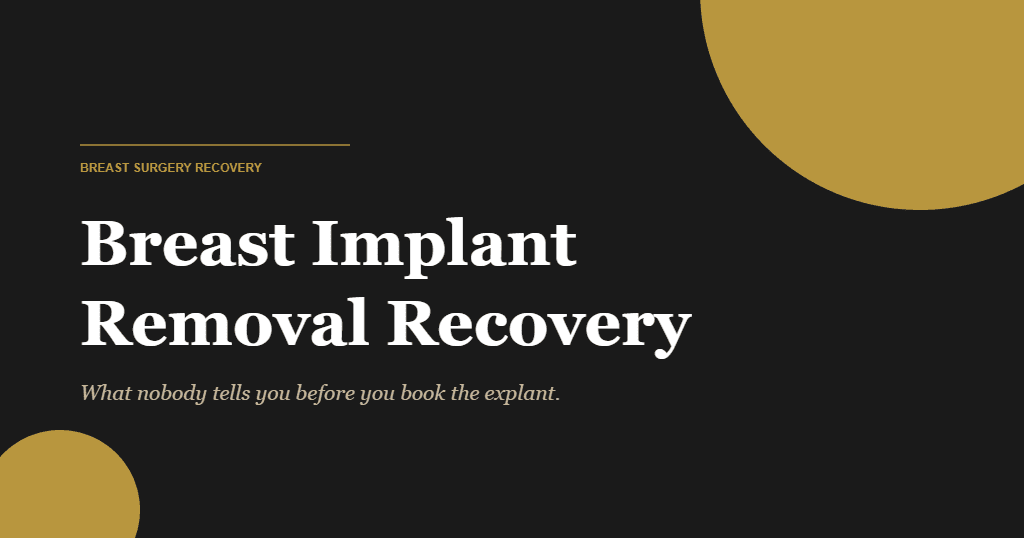 Editorial image for breast implant removal recovery article on dark background with gold accents