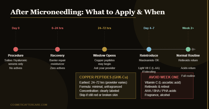 Skincare ingredient timing guide showing what to apply after microneedling including copper peptides
