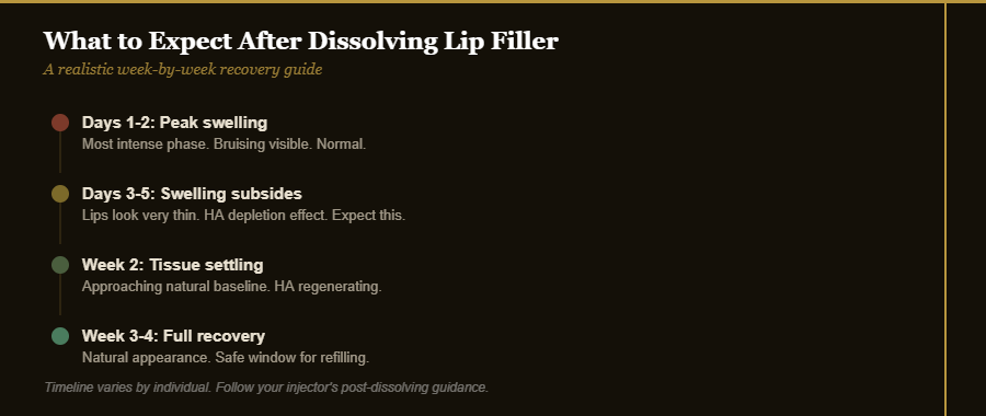 Timeline chart showing dissolving lip filler recovery week by week