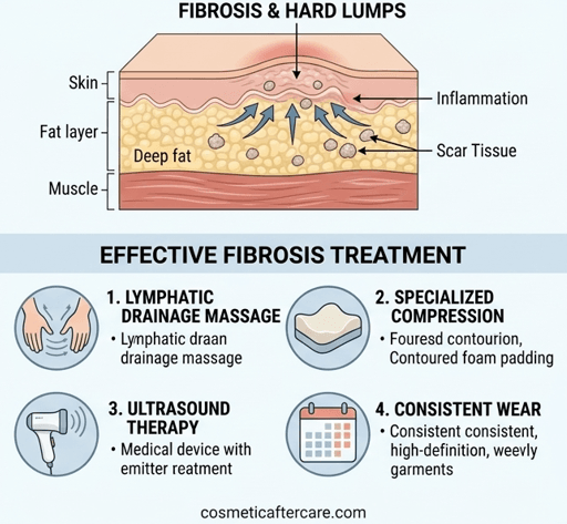 Fibrosis and Hard Lumps anatomical diagram showing effective treatment methods including lymphatic drainage massage, specialized compression, ultrasound therapy, and consistent garment wear