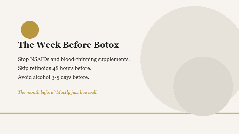 Infographic showing key steps to prepare your skin for botox in the week before your appointment