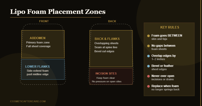 Diagram showing correct lipo foam placement zones for lipo 360 including abdomen, flanks, and back