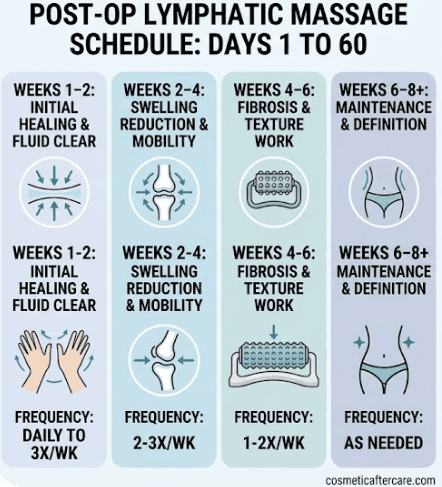 Post-op lymphatic massage schedule chart showing four phases from Day 1 to Day 60: Weeks 1-2 Initial Healing daily to 3x/week, Weeks 2-4 Swelling Reduction 2-3x/week, Weeks 4-6 Fibrosis Work 1-2x/week, Weeks 6-8+ Maintenance as needed