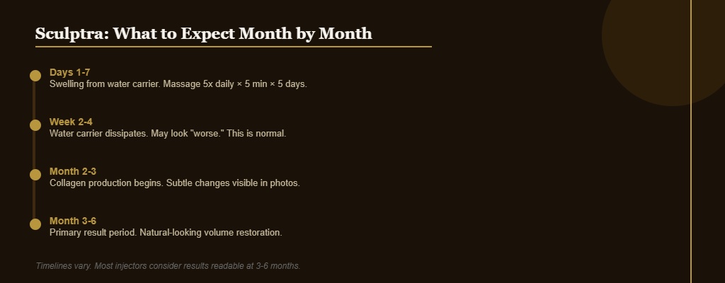 Sculptra aftercare month-by-month timeline showing what to expect after treatment