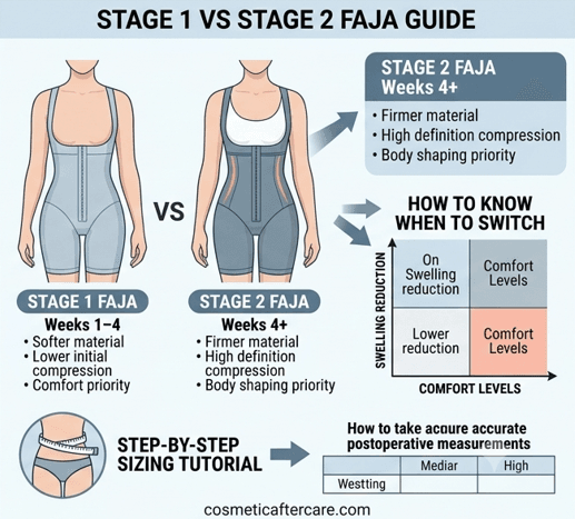 Stage 1 vs Stage 2 Faja comparison guide showing structural differences, when to switch garments, and step-by-step sizing tutorial