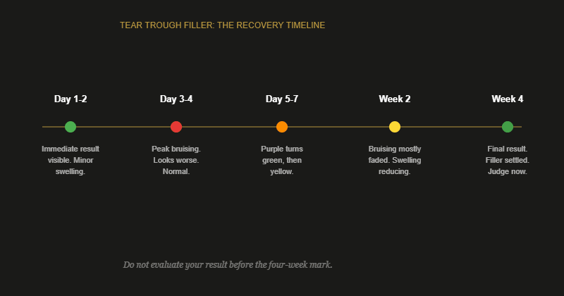 Timeline diagram showing the tear trough filler recovery progression from day 1 to week 4