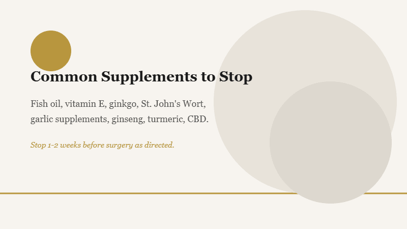 Infographic listing common supplements to stop before liposuction including fish oil and St. John's Wort