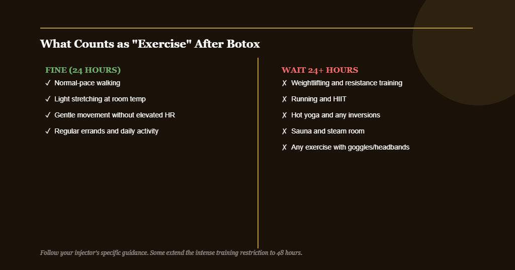 Exercise classification chart for after botox treatment showing safe vs wait activities