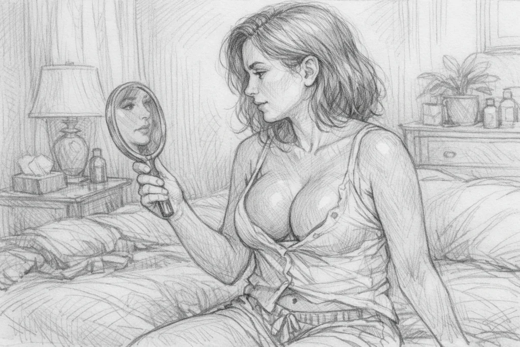 Dark charcoal graphic for breast augmentation recovery and the drop and fluff process